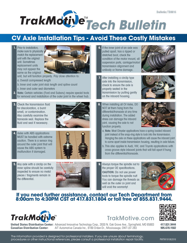 6/2016: Tech Bulletin—CV Axle Installation Tips