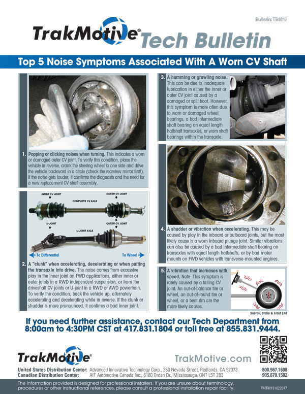 2/2017: Tech Bulletin—Top 5 Noise Symptoms Associated With a Worn CV Shaft