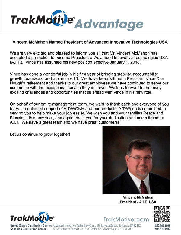 01/2018: Vincent McMahon Named President of Advanced Innovative Technologies USA