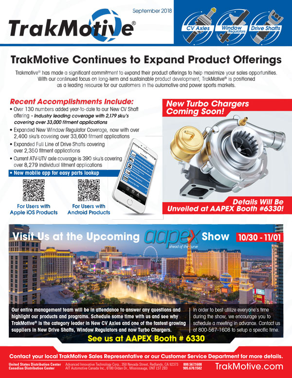 09/2018: TrakMotive Visit Us At AAPEX Booth # 6330