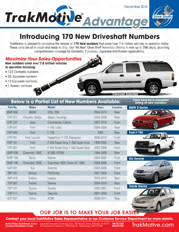 12/2018: TrakMotive Introduces 170 New Drivshaft Numbers