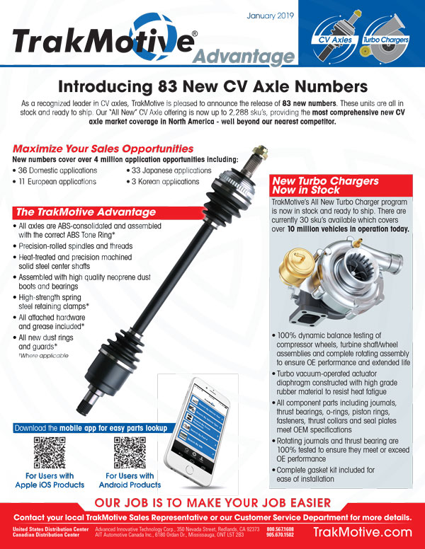 01/2019: TrakMotive Introduces 83 New CV Axle Numbers