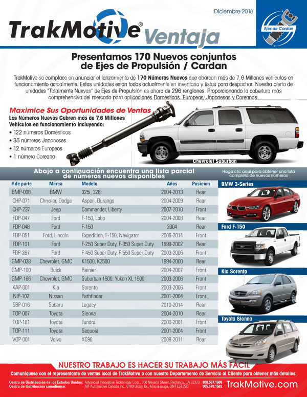 12/2018: TrakMotive Presentamos 170 Nuevos conjuntos de Ejes de Propulsión / Cardan