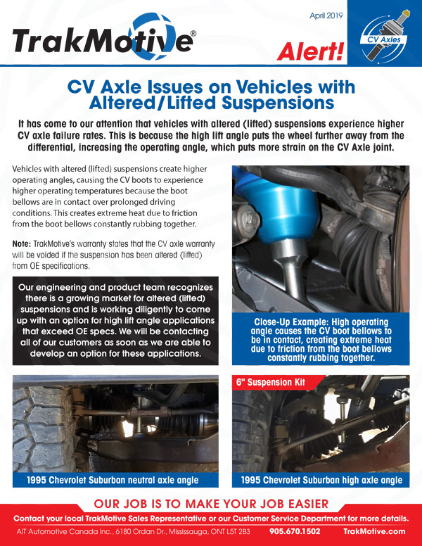 04/19: CV Axle Issues on Vehicles with Altered/Lifted Suspsensions