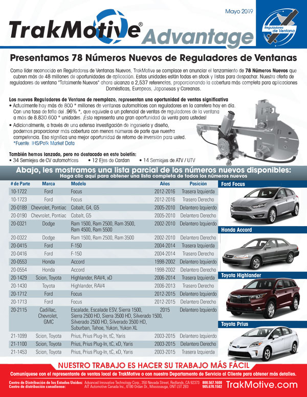 05-2019: TrakMotive Presentamos 78 Números Nuevos de Reguladores de Ventanas