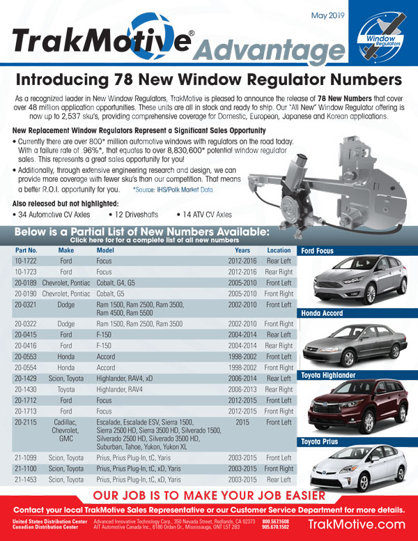 05/2019: TrakMotive Introduces 78 New Window Regulators