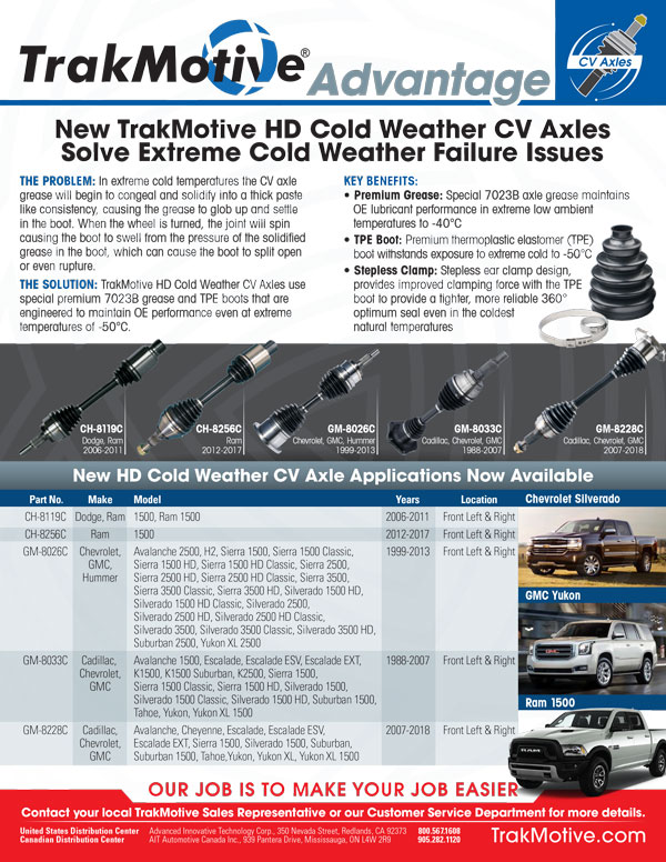 02/2020: New TrakMotive HD Cold Weather CV Axles Solve Extreme Cold Weather Failure Issues