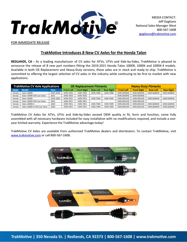 03/2020: TrakMotive Introduces 8 New CV Axles for the Honda Talon