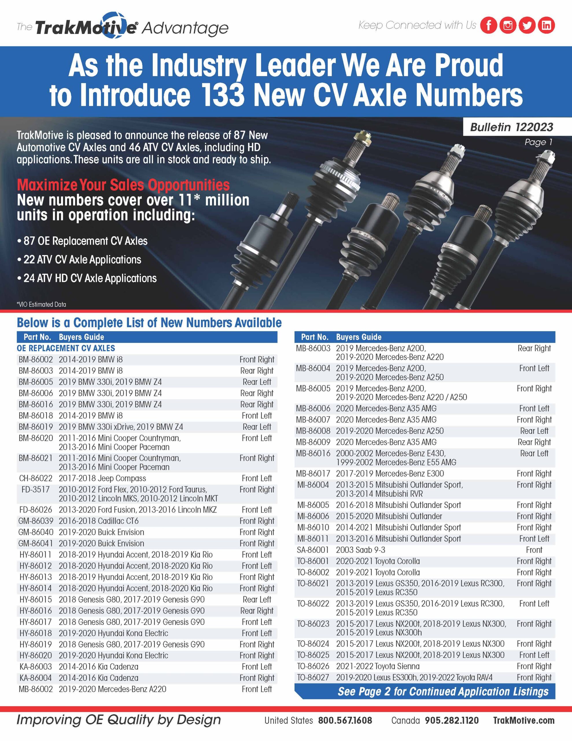 12/2023: TrakMotive Adds 133 New CV Axle Numbers
